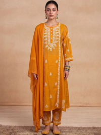 House of Chikankari Women Ethnic Motifs Embroidered Regular Thread Work Chanderi Silk Kurta with Trousers &