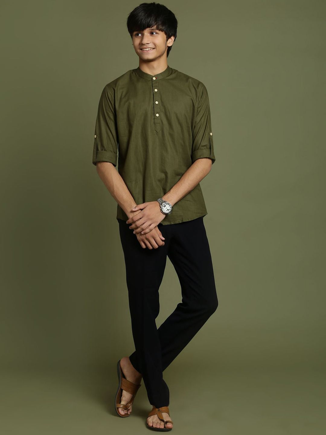 VASTRAMAY Boys Band Collar Roll-Up Sleeves Cotton Kurta