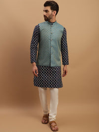 SOJANYA Geometric Embroidered Regular Kurta with Churidar & Woven Design Nehru Jacket