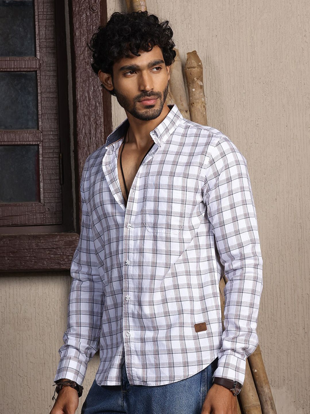 Thomas Scott Standard Slim Fit Tartan Checks Pure Cotton Casual Shirt