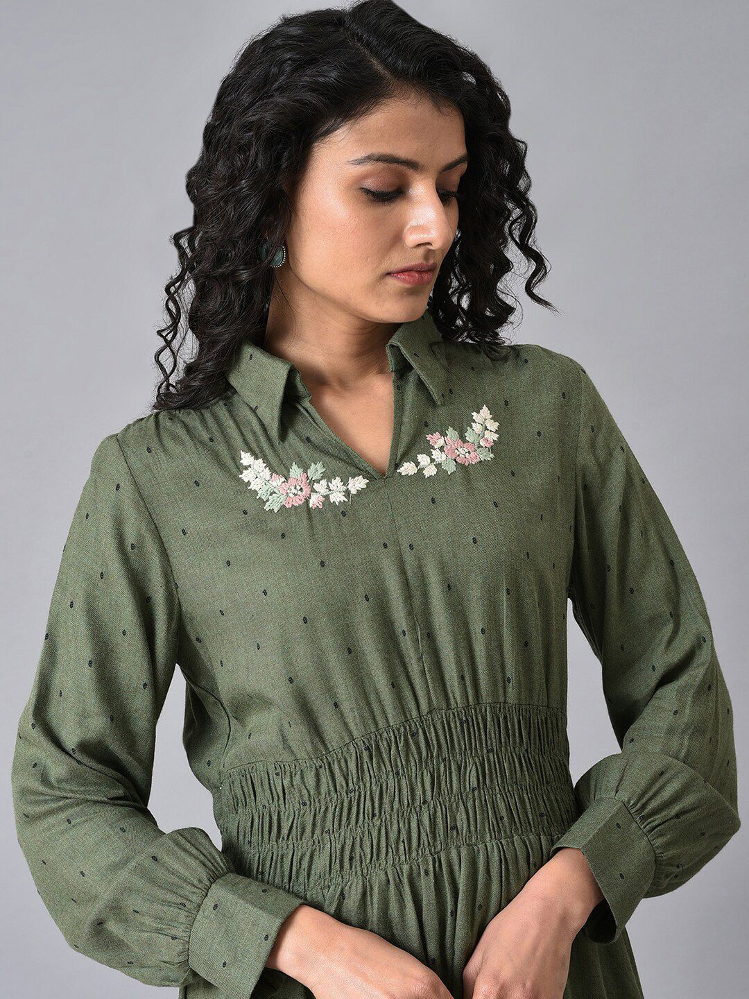 W Green Shirt Collar Polka Dots Printed Embroidered Fit And Flare Dress