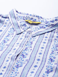 Global Desi Women White & Blue Striped Roll-Up Sleeves A-Line Kurta