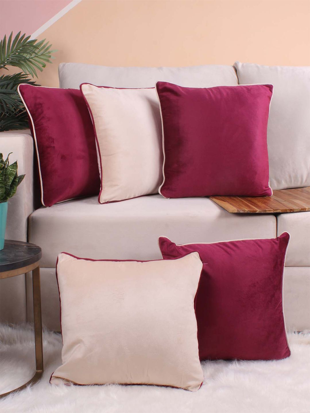STITCHNEST 5 Pcs Maroon & Beige Velvet Square Cushion Covers