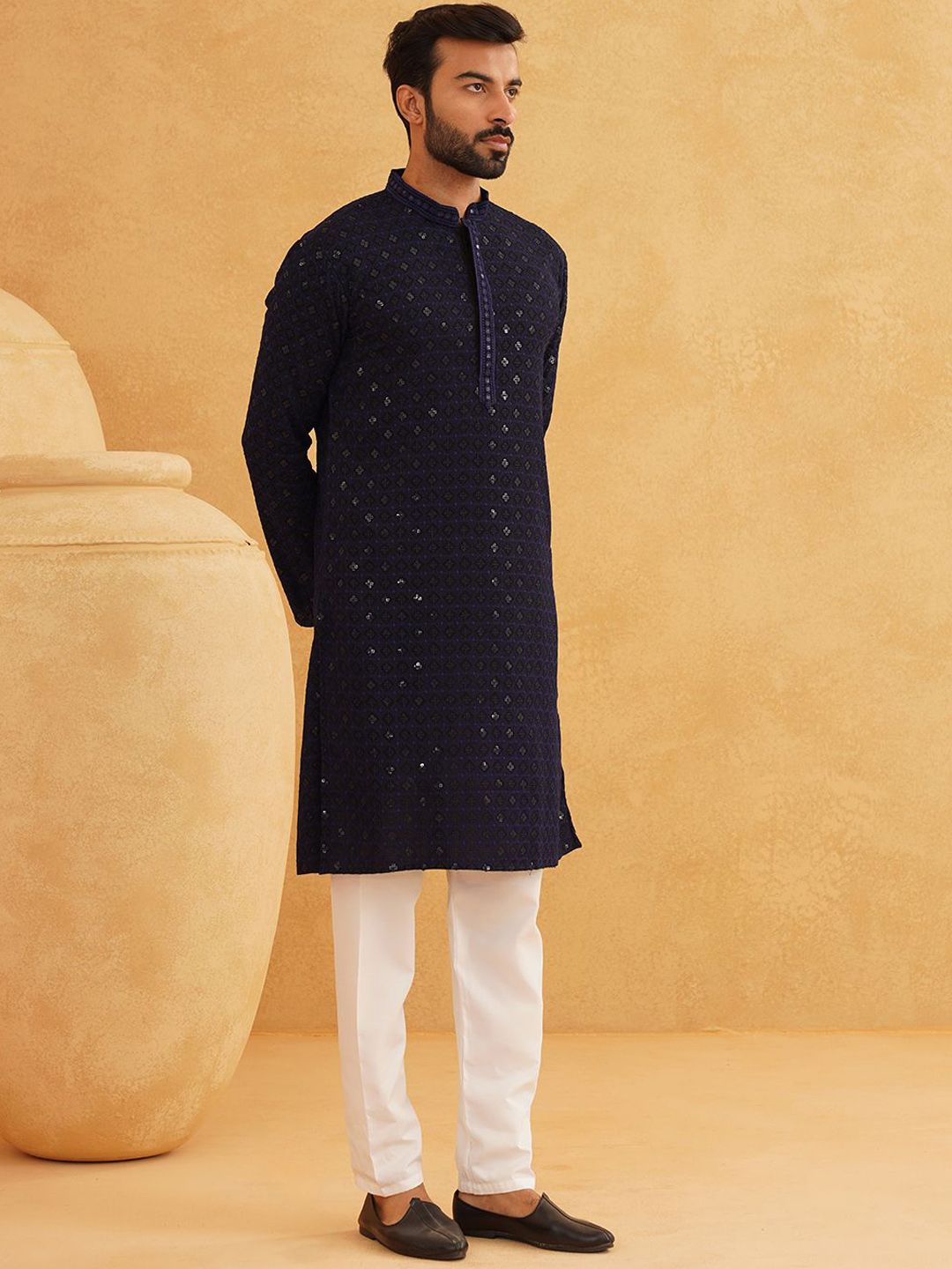 SOJANYA Geometric Embroidered Mandarin Collar Sequinned Pure Cotton Kurta with Churidar