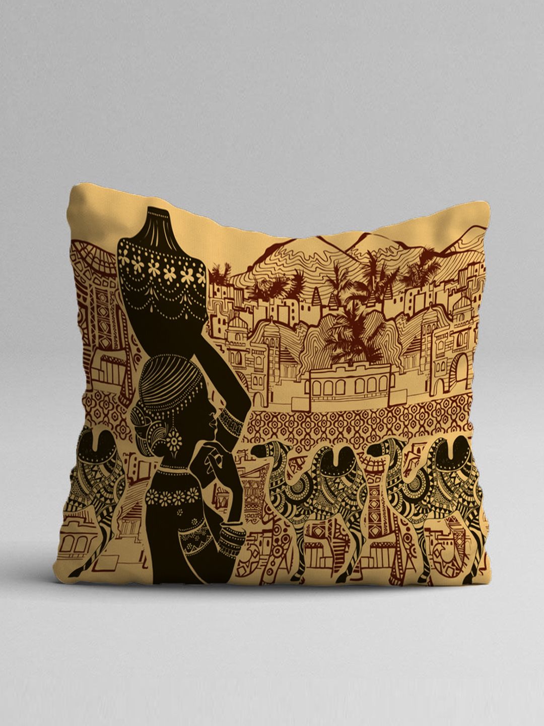 STITCHNEST Yellow & Black Set of 5 Ethnic Motifs Square Cushion Covers