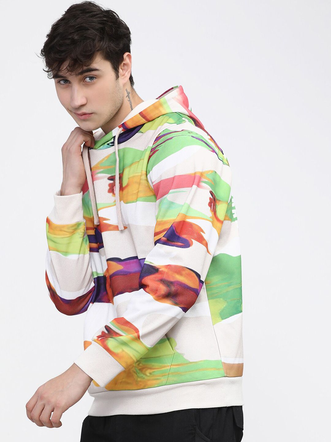 HIGHLANDER Men Cream-Coloured & Green Printed Hooded Sweatshirt