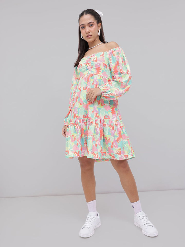 DressBerry Tropical Glam Printed Smocked Off-Shoulder A-line Dress