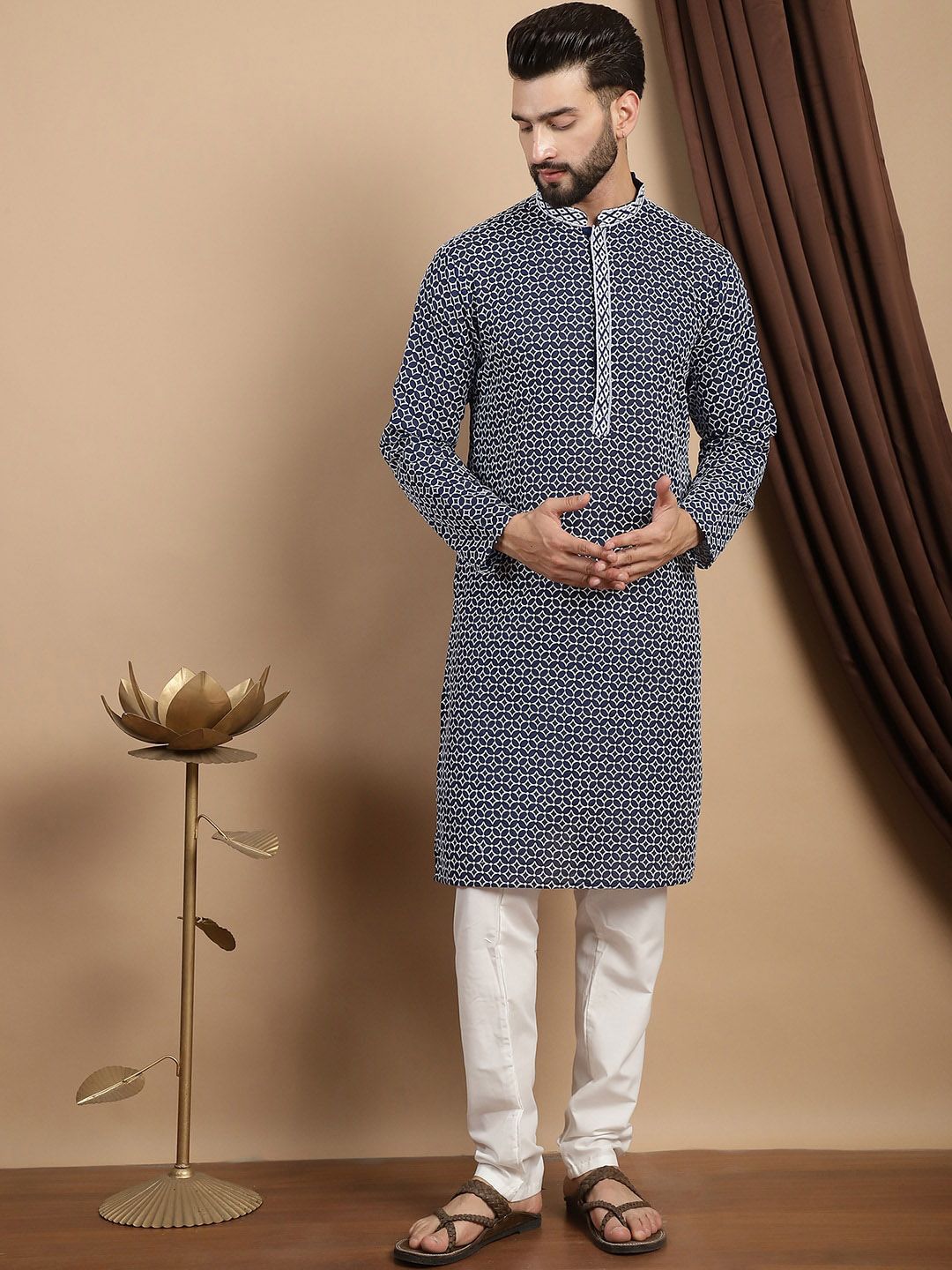 Anouk Ethnic Motifs Embroidered Thread Work Pure Cotton Straight Kurta with Churidar