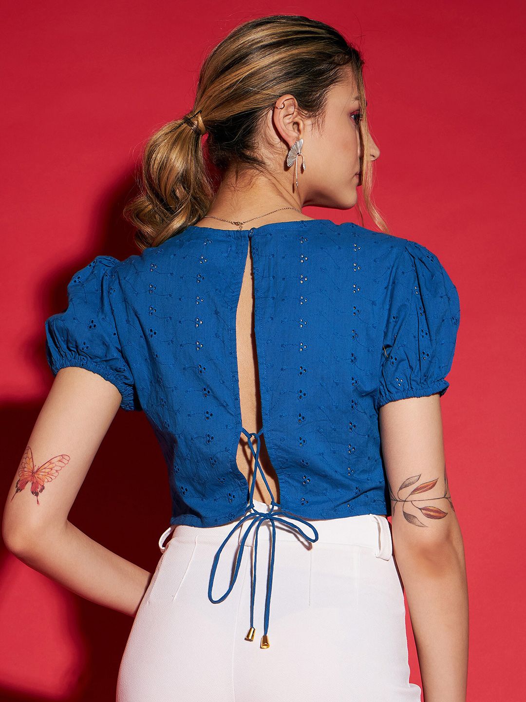 SASSAFRAS Puff Sleeve Cotton Schiffli Crop Top