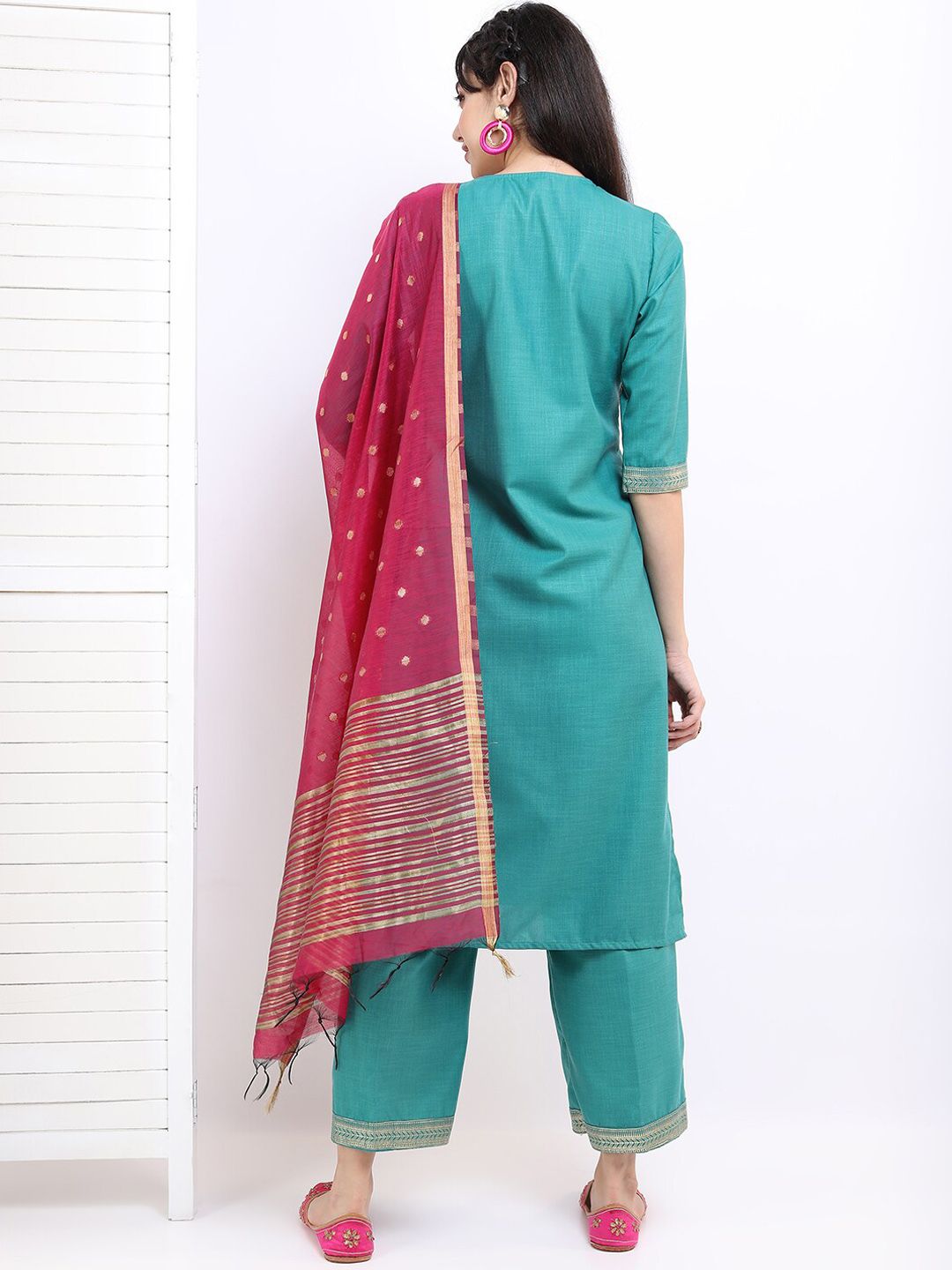 Vishudh Women Sea Green Ethnic Motifs Printed Kurta with Palazzos & With Dupatta
