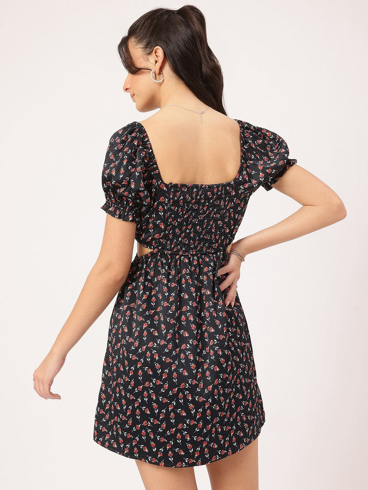 DressBerry Fairy-Frock Micro Printed Smocked Cut-Out Mini Dress