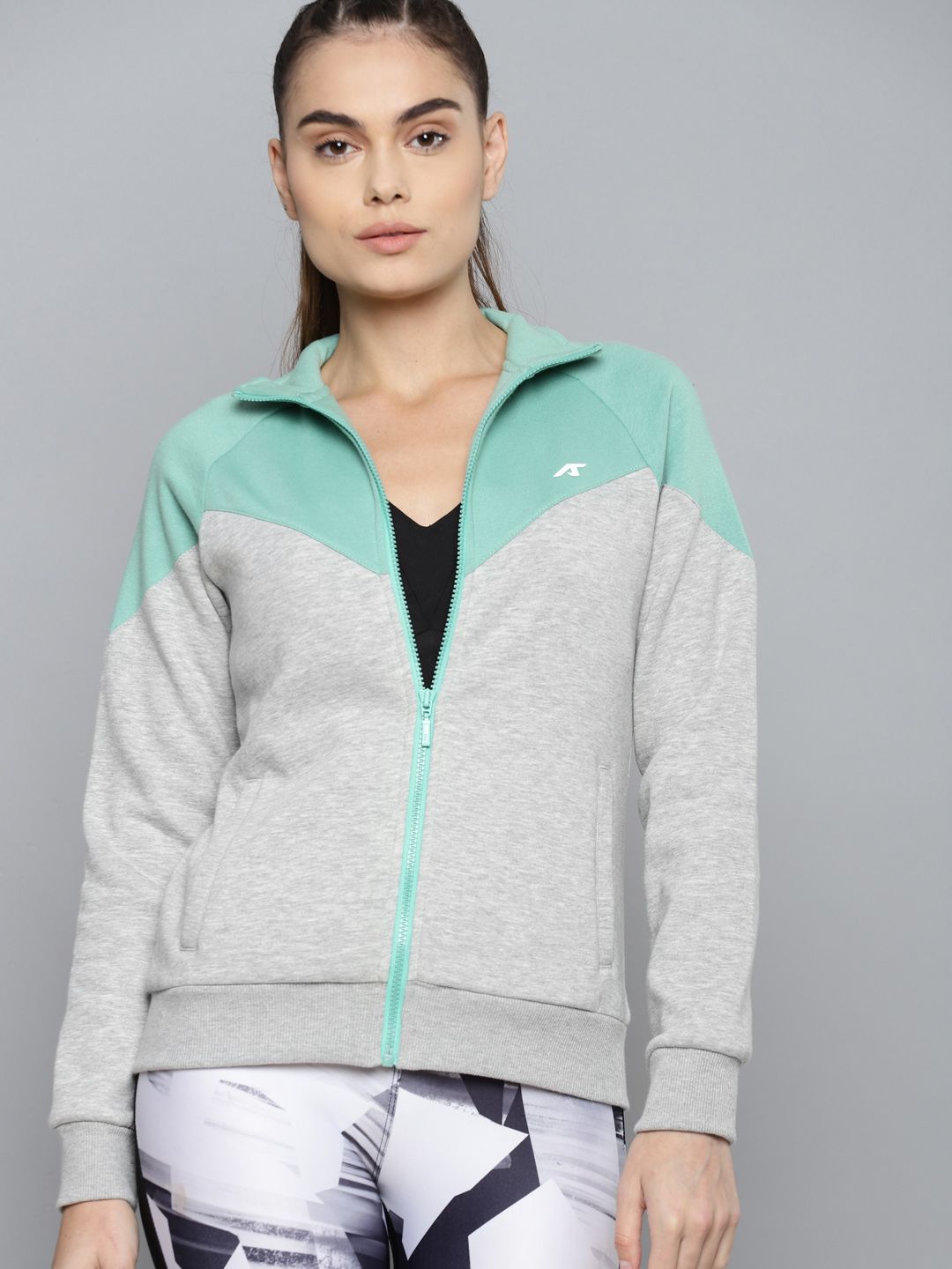 Alcis Women Grey Melange Colourblocked Sea Green Sporty Jacket