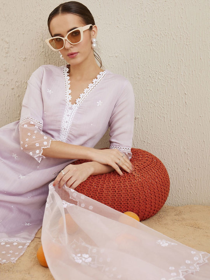 Indo Era Floral Embroidered V-Neck Thread Work Kurta with Trousers & With Dupatta
