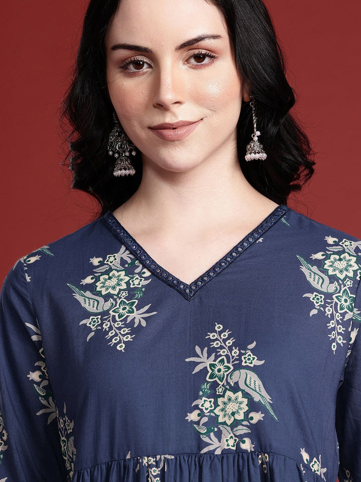 Anouk Women Floral Printed Pure Cotton Pleated A-Line Kurta