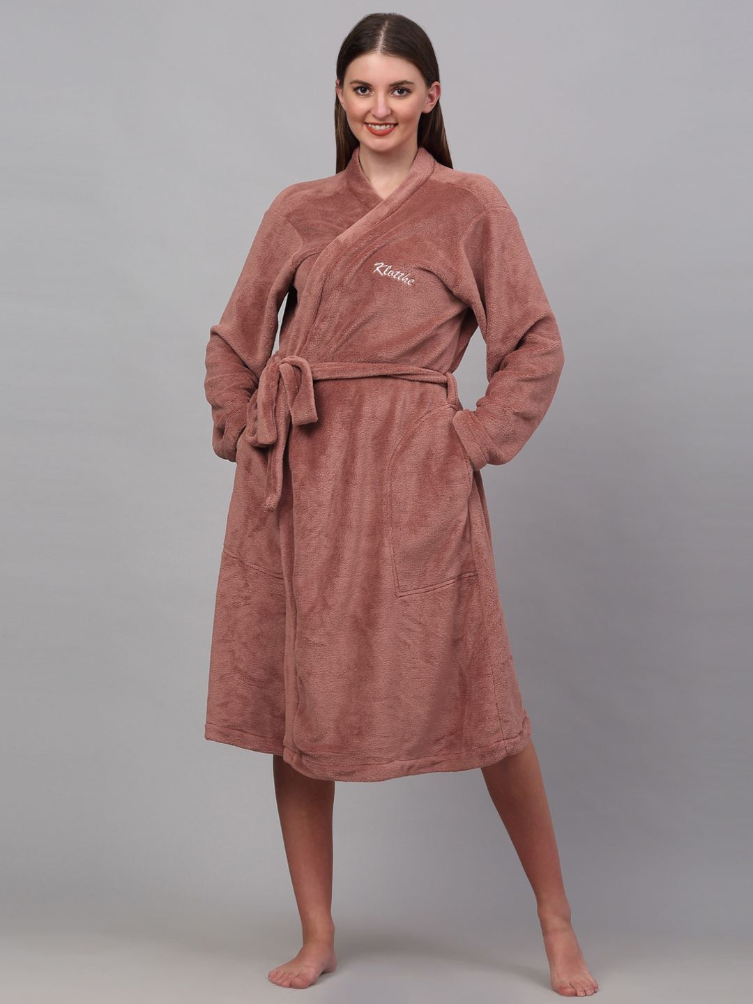 KLOTTHE Women Solid Woolen Bath Robe With Belt