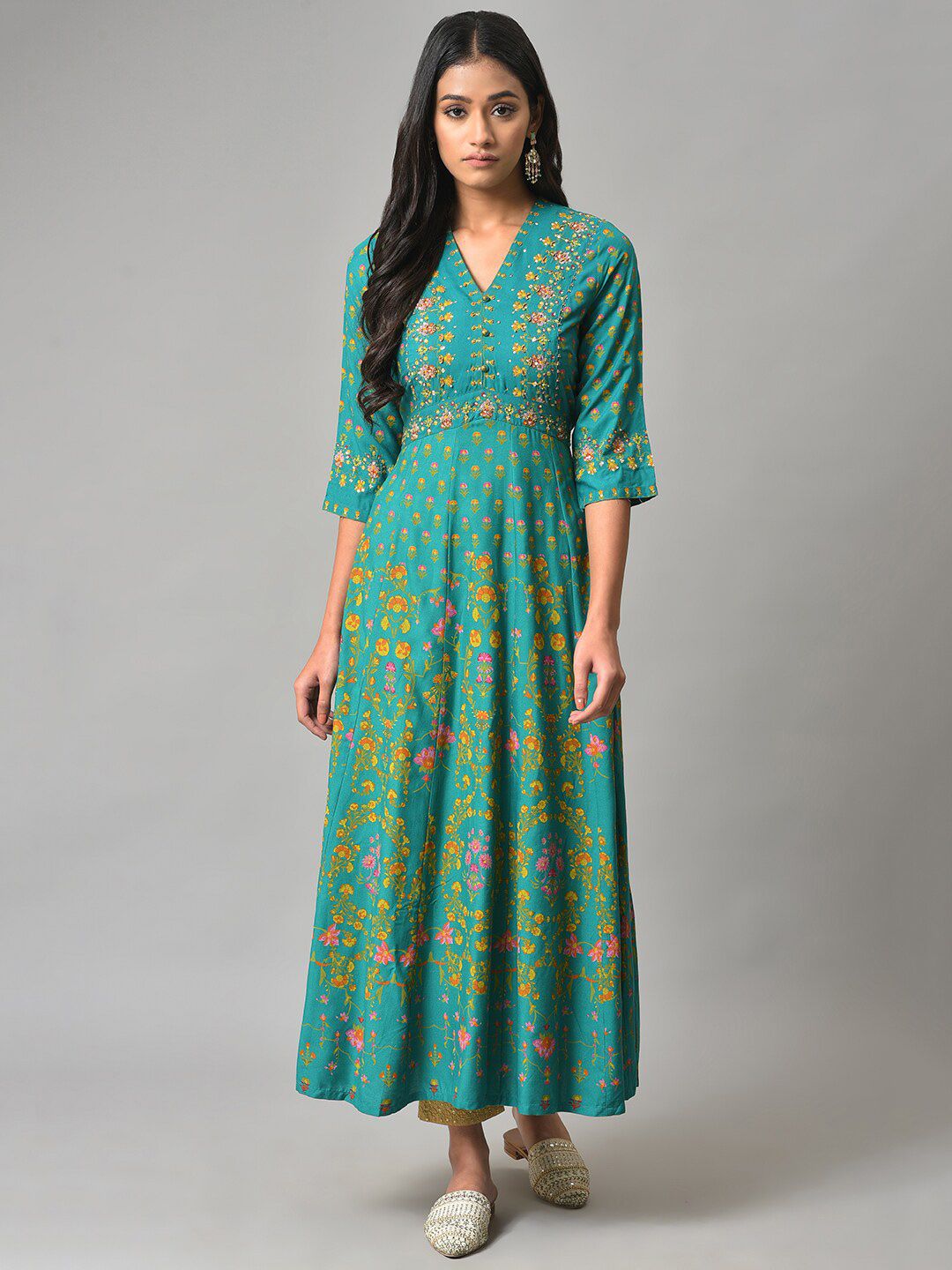 W Green Floral Printed Ethnic Maxi Ethnic Dress