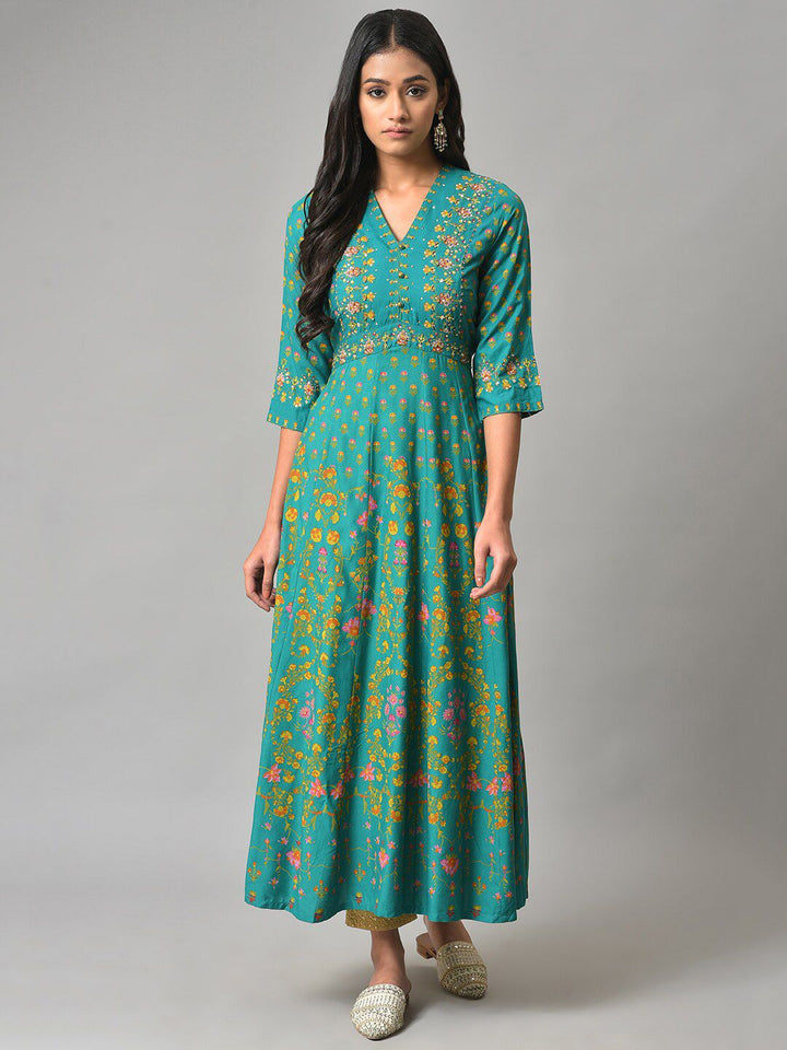 W Green Floral Printed Ethnic Maxi Ethnic Dress