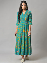 W Green Floral Printed Ethnic Maxi Ethnic Dress