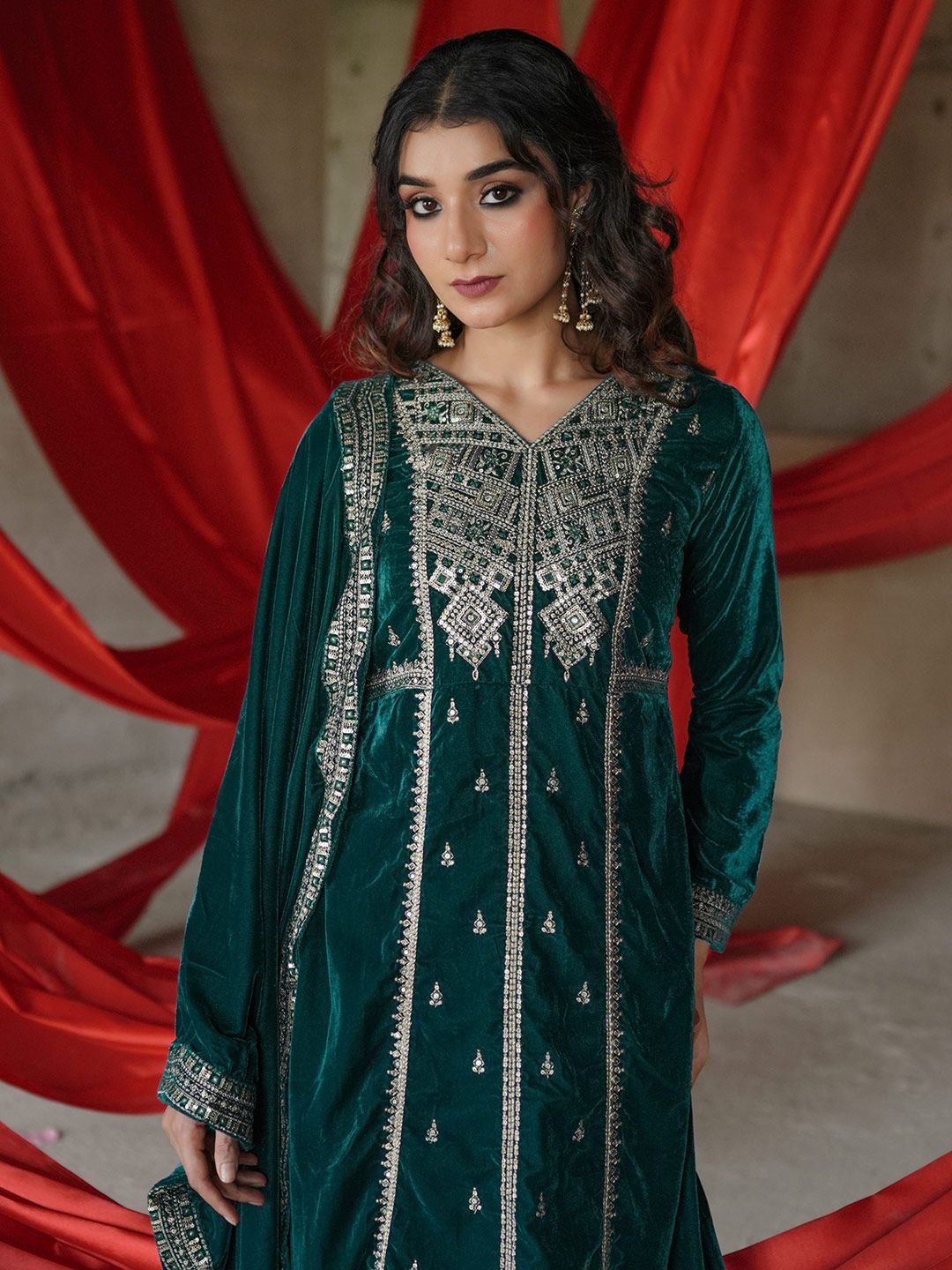Libas Ethnic Motifs Embroidered Velvet A-Line Kurta With Trousers & Dupatta