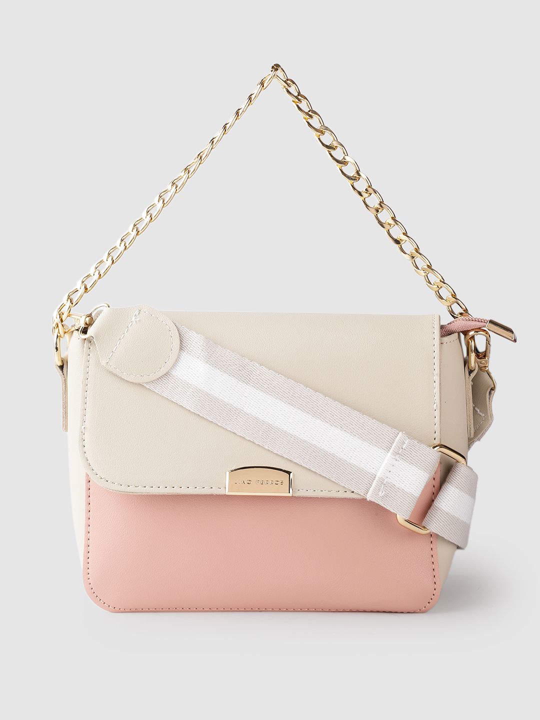 Lino Perros Beige & Peach-Coloured Colourblocked Handheld Bag with Detachable Sling Strap
