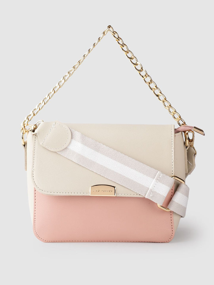 Lino Perros Beige & Peach-Coloured Colourblocked Handheld Bag with Detachable Sling Strap