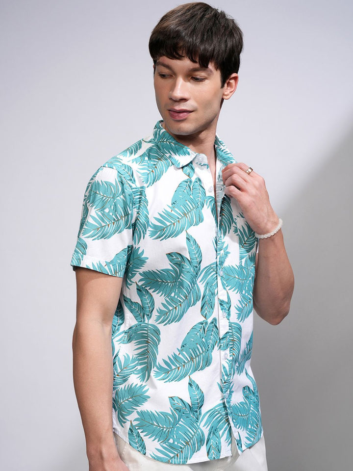 HIGHLANDER Men White & Green Slim Fit Printed Casual Shirt