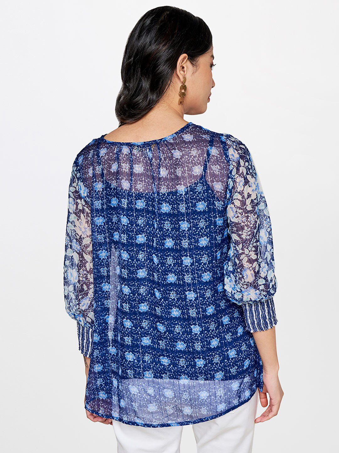 Global Desi Women Blue Floral Printed Keyhole Neck Top
