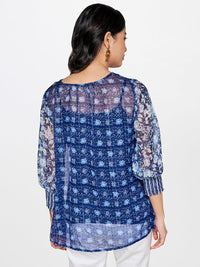 Global Desi Women Blue Floral Printed Keyhole Neck Top
