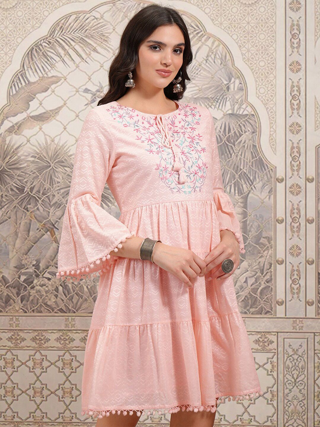 Vishudh Pink Tie-Up Neck Cotton Bell Sleeve Fit & Flare Dress