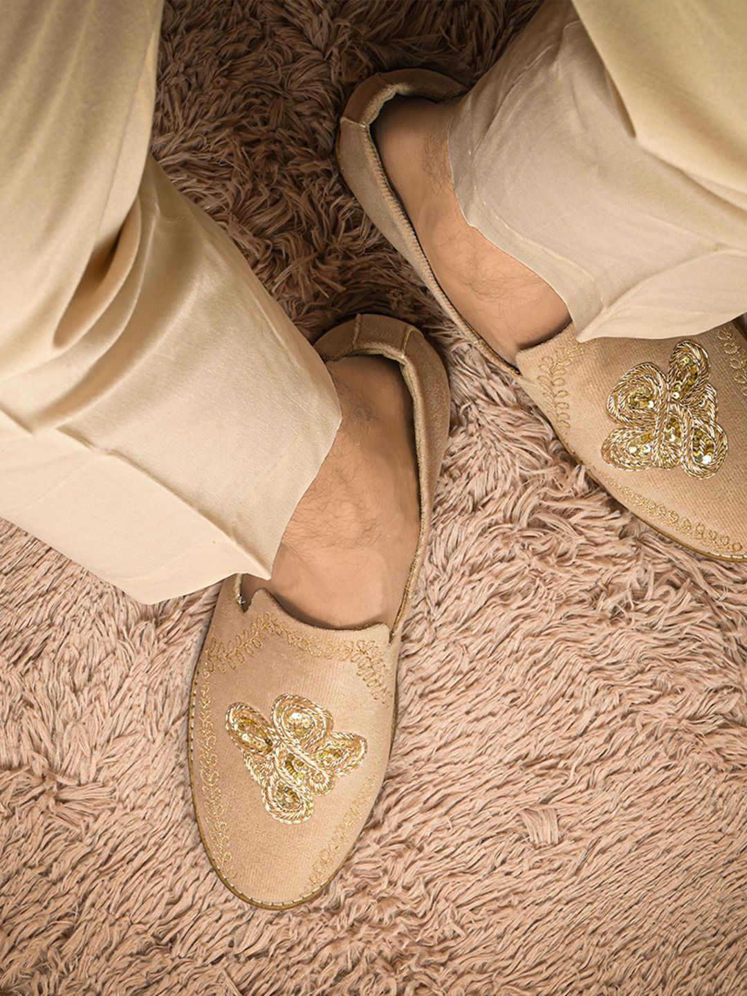 MONKSTORY Men Beige Embroidered Slip-On Shoes