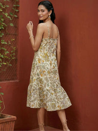 Pakaian Midi A-Line Cetakan Bunga Mamicha Ruffled Crepe