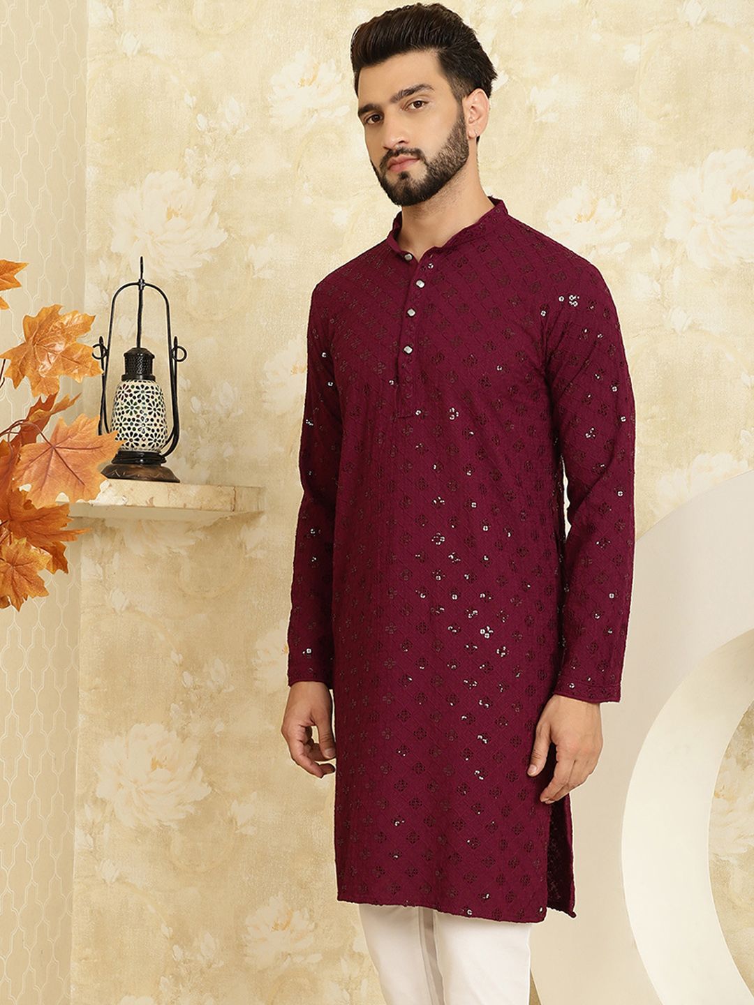 SOJANYA Men Purple Geometric Cold-Shoulder Sleeves Mirror Work Kurta