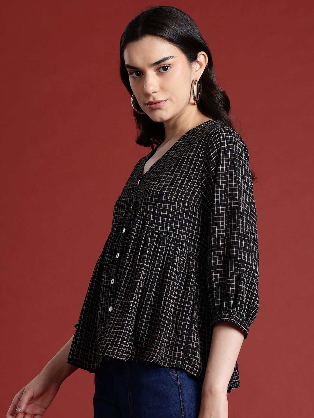 all about you Checked Print Puff Sleeve Empire Top