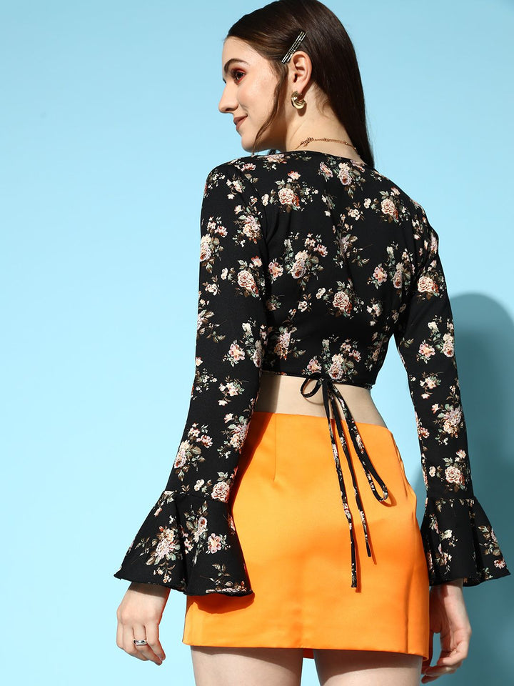 Berrylush Black Floral Print Crepe Wrap Crop Top