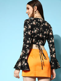 Berrylush Black Floral Print Crepe Wrap Crop Top