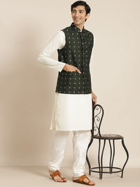 SOJANYA Lelaki Kurta Kapas Tulen Chikankari Berwarna Krim dengan Churidar & Nehrujacket