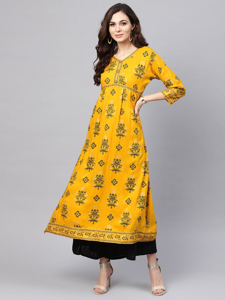 SOJANYA Kurta A-Line Bercetak Mustard Wanita Kuning & Hijau