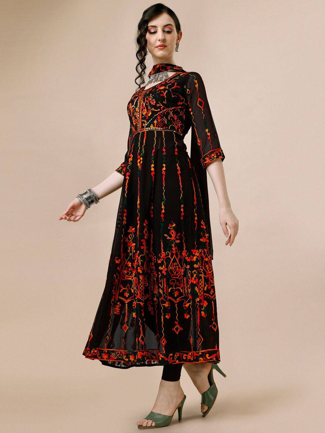 KALINI Floral Thread Work Pleated Anarkali Kurta with Dupatta