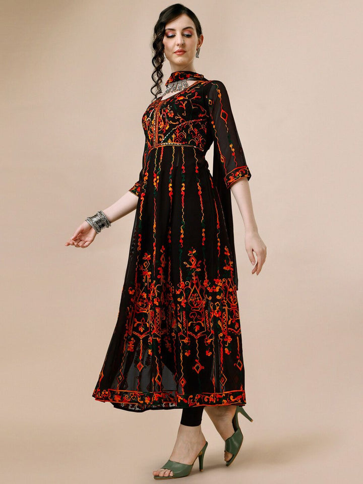KALINI Floral Thread Work Pleated Anarkali Kurta with Dupatta