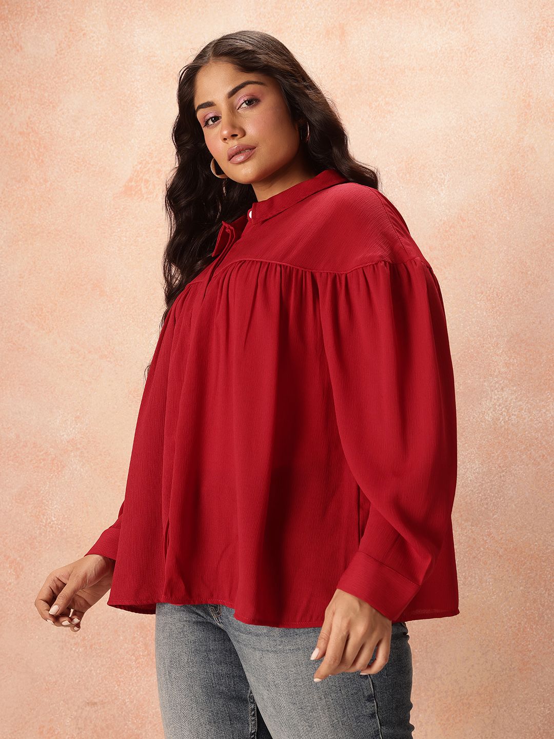 all about you Plus Size Puff Sleeves Shirt Style Longline Top