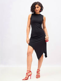 SASSAFRAS Black Asymmetric A-Line Midi Dress