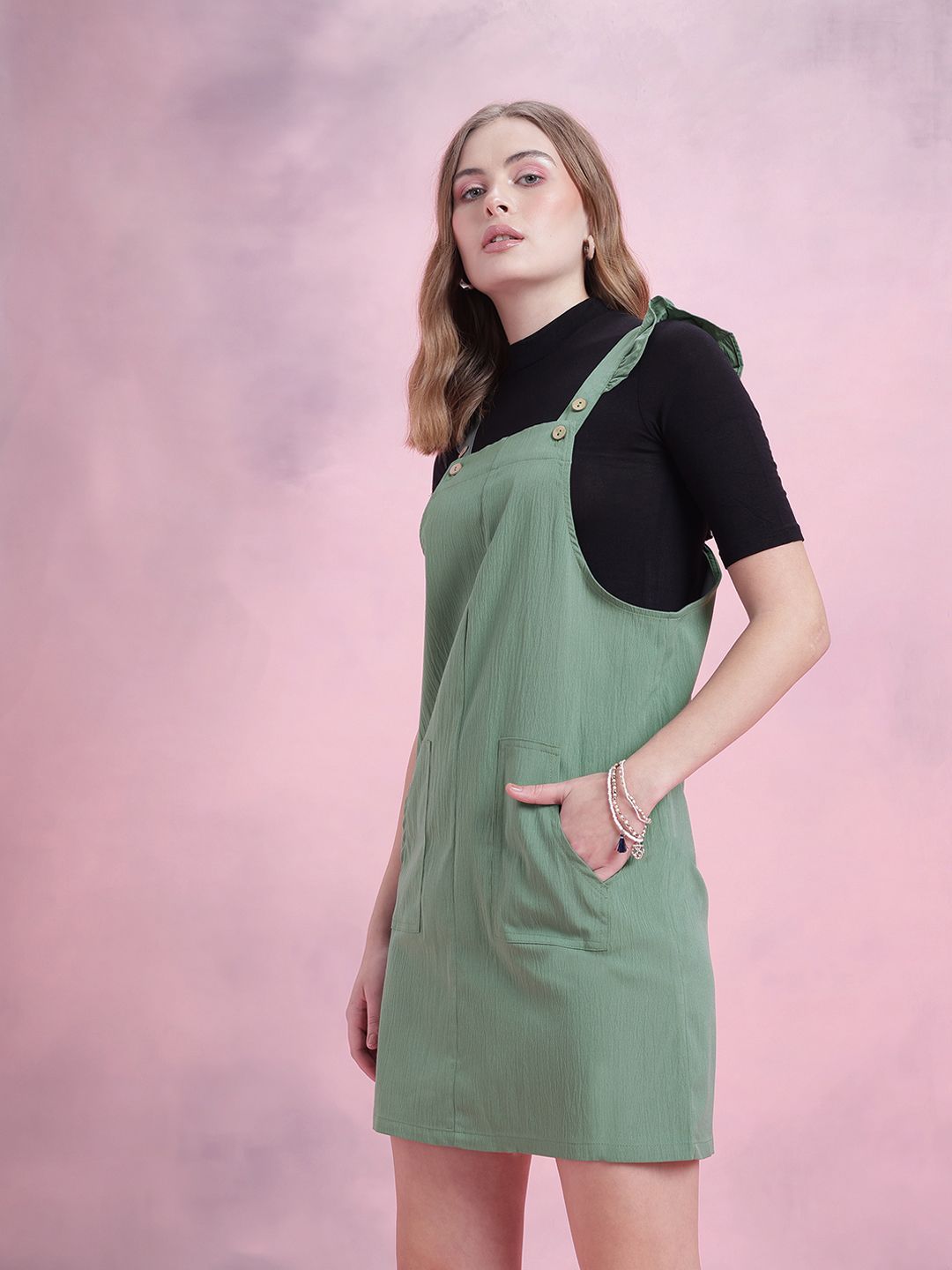 DressBerry Crinkled Effect Flutter Sleeves Pinafore Mini Dress with Pockets