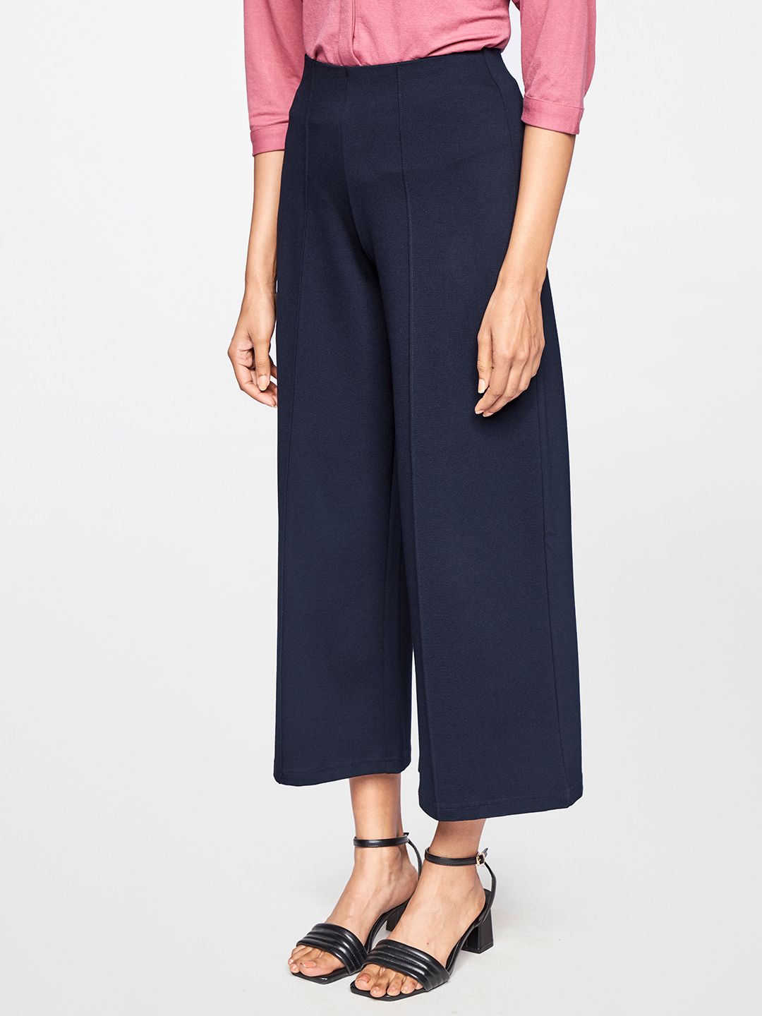 AND Women Navy Blue Solid High-Rise Culottes