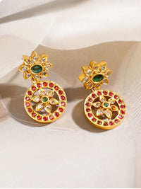 Rubans 18K berlapis emas Ruby Pink & Emerald Green Stone Studded Floral Design Necklace Set