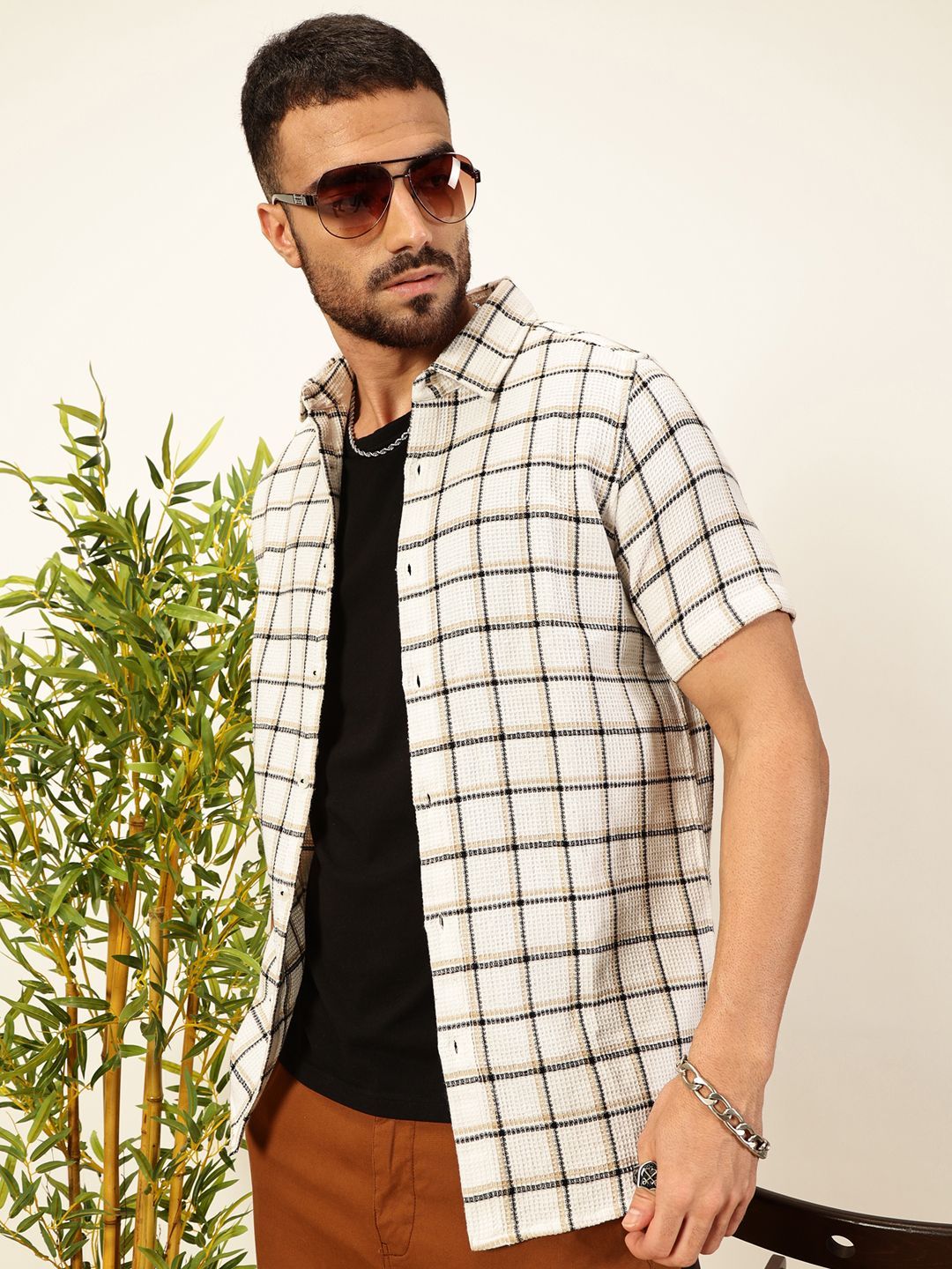 Thomas Scott Men Premium Slim Fit Windowpane Checked Casual Shirt