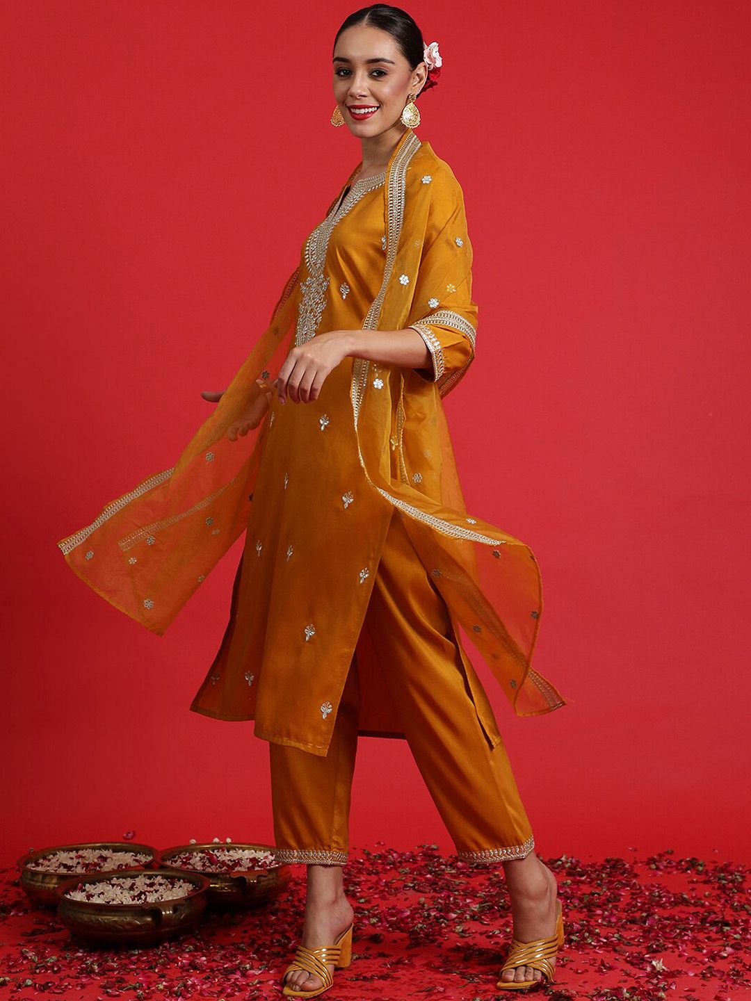 Indo Era Ethnic Motifs Embroidered Sequinned Straight Kurta & Trousers With Dupatta