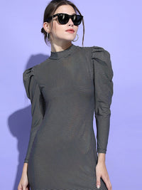 Tokyo Talkies Women Polka Dots Mock Neck Long Bishop Slevees Sheath Mini Dress