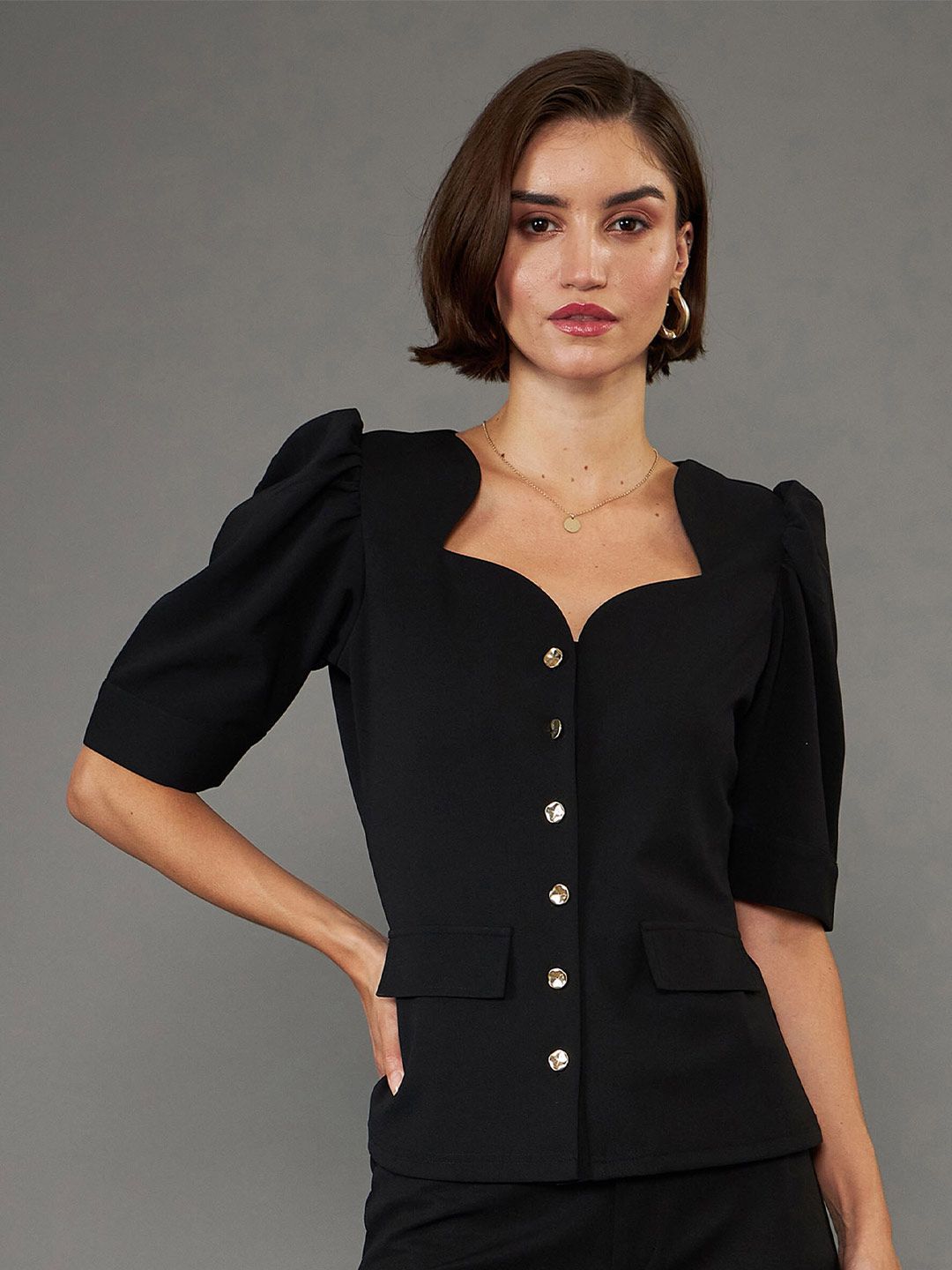 SASSAFRAS worklyf Sweetheart Neck Puff Sleeves Top