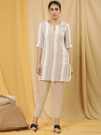 W Cream Coloured Keyhole Neck Roll Up Sleeves Straight Kurta