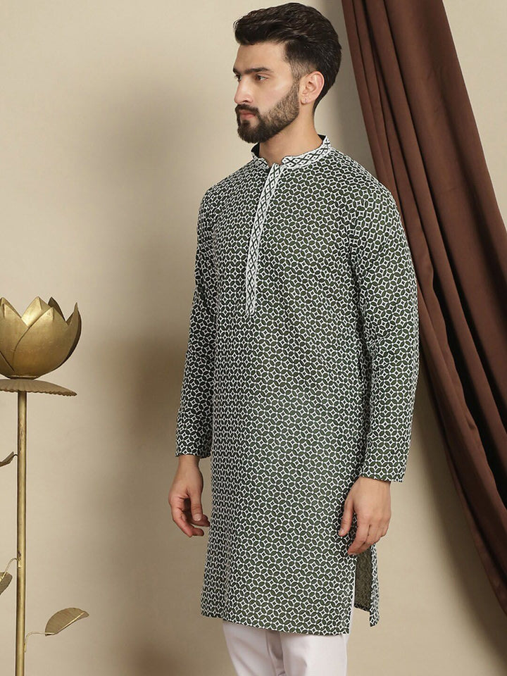 Anouk Green Geometric Embroidered Mandarin Collar Chikankari Pure Cotton Straight Kurta